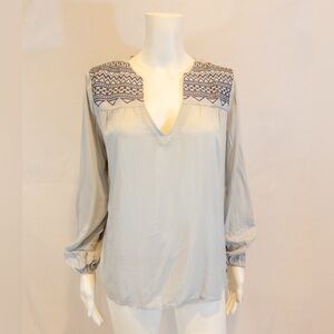 Love Stitch Boho Gray Blouse with Embroidery and tasseled sleeves- medium